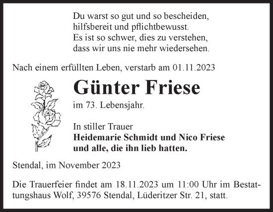 Traueranzeige von Günter Friese von Volksstimme Altmark Ost