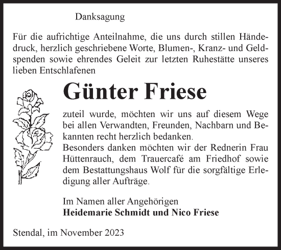 Traueranzeige von Günter Friese von Volksstimme Altmark Ost