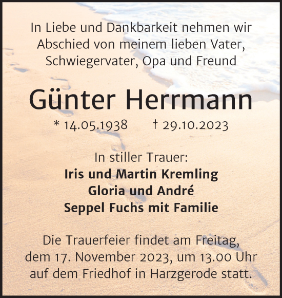 Traueranzeige von Günter Herrmann von Trauerkombi Quedlinburg