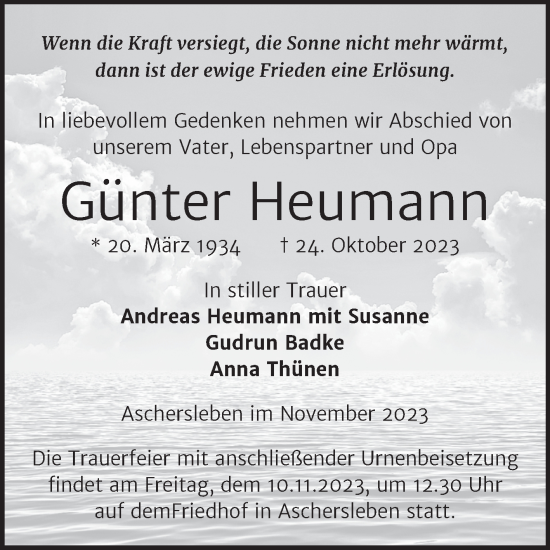 Traueranzeige von Günter Heumann von Trauerkombi Aschersleben
