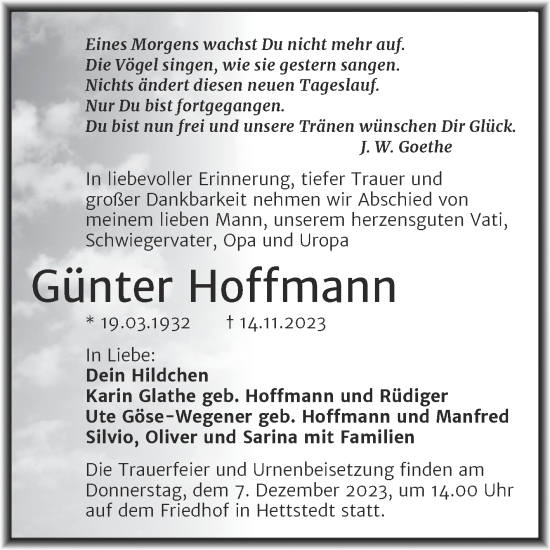 Traueranzeige von Günter Hoffmann von Trauerkombi Mansfelder Land