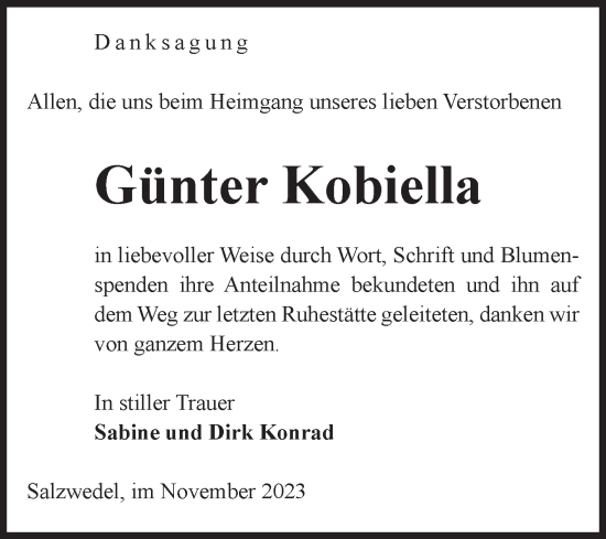 Traueranzeige von Günter Kobiella von Volksstimme Altmark West