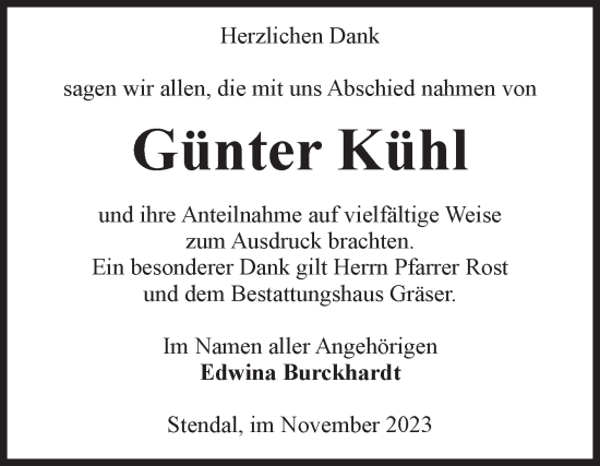 Traueranzeige von Günter Kühl von Volksstimme Altmark Ost