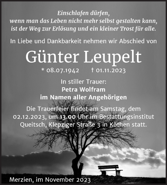 Traueranzeige von Günter Leupelt von Trauerkombi Köthen