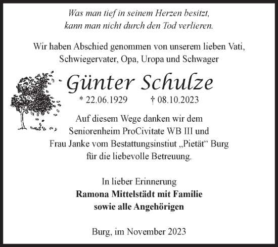 Traueranzeige von Günter Schulze von Volksstimme Burg/Genthin