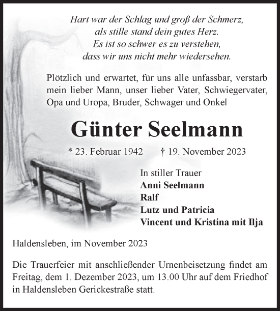 Traueranzeige von Günter Seelmann von Volksstimme Haldensleben/Wolmirstedt