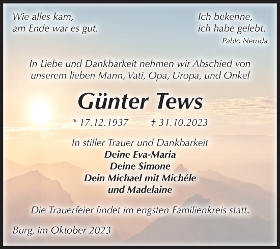 Traueranzeige von Günter Tews von Volksstimme Burg/Genthin