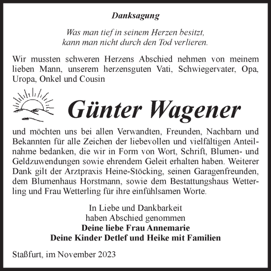 Traueranzeige von Günter Wagener von Volksstimme Staßfurt