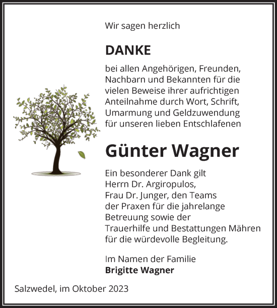 Traueranzeige von Günter Wagner von Volksstimme Altmark West