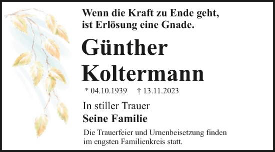 Traueranzeige von Günther Koltermann von Trauerkombi Dessau