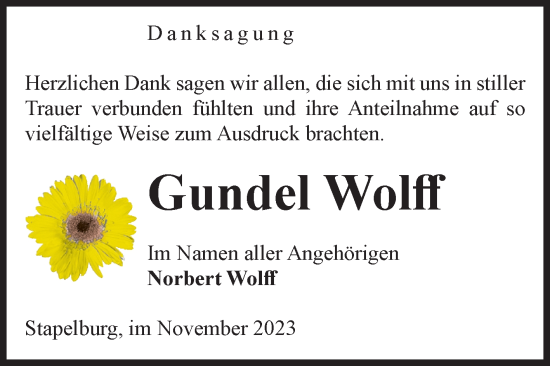 Traueranzeige von Gundel Wolff von Volksstimme Wernigerode