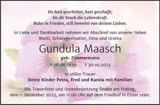 Traueranzeige von Gundula Maasch von Trauerkombi Wittenberg