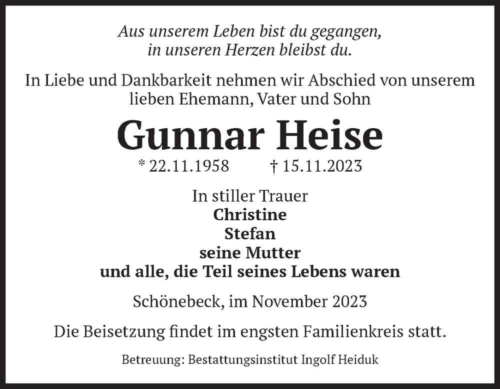  Traueranzeige für Gunnar Heise vom 18.11.2023 aus Volksstimme Schönebeck