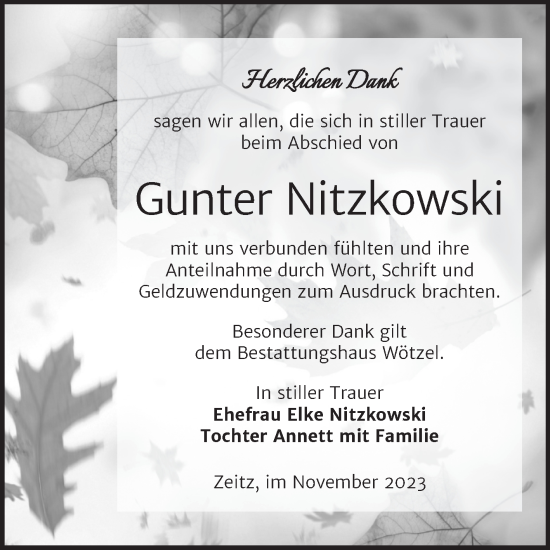 Traueranzeige von Gunter Nitzkowski von Trauerkombi Zeitz