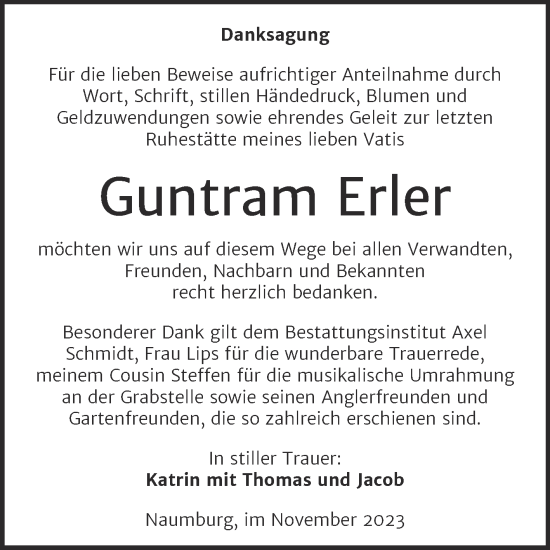 Traueranzeige von Guntram Erler von Naumburger Tageblatt