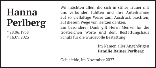 Traueranzeige von Hanna Perlberg von Volksstimme Altmark West