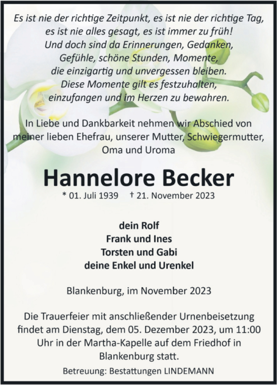 Traueranzeige von Hannelore Becker von Volksstimme Wernigerode