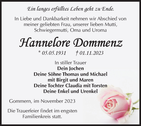 Traueranzeige von Hannelore Dommenz von Volksstimme Burg/Genthin