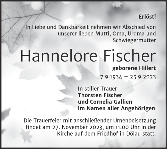 Traueranzeige von Hannelore Fischer von Mitteldeutsche Zeitung Halle/Saalkreis