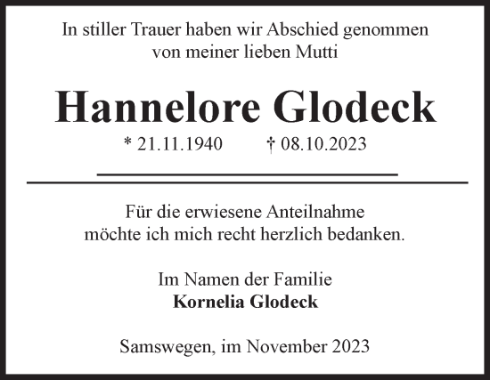 Traueranzeige von Hannelore Glodeck von Volksstimme Haldensleben/Wolmirstedt