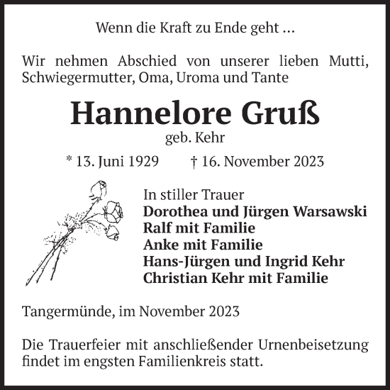 Traueranzeige von Hannelore Gruß von Volksstimme Altmark Ost