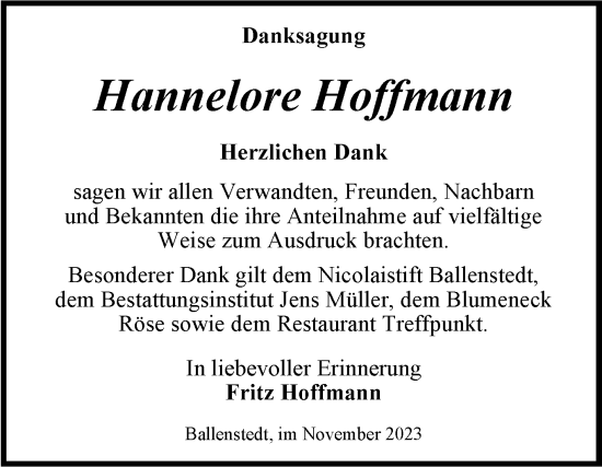 Traueranzeige von Hannelore Hoffmann von Trauerkombi Quedlinburg