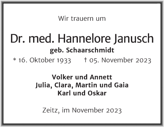 Traueranzeige von Hannelore Janusch von Trauerkombi Zeitz