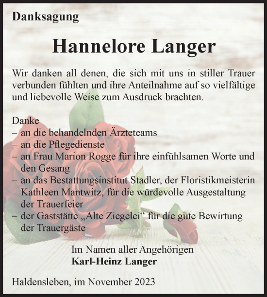Traueranzeige von Hannelore Langer von Volksstimme Haldensleben/Wolmirstedt