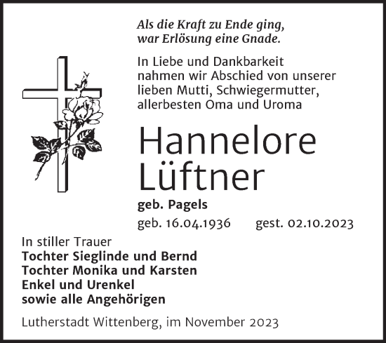 Traueranzeige von Hannelore Lüftner von Trauerkombi Wittenberg