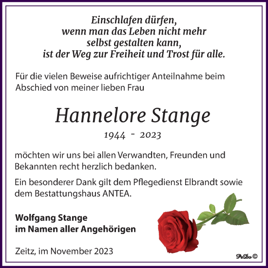 Traueranzeige von Hannelore Stange von Trauerkombi Zeitz