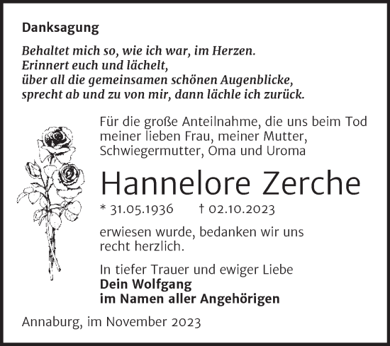 Traueranzeige von Hannelore Zerche von Trauerkombi Wittenberg