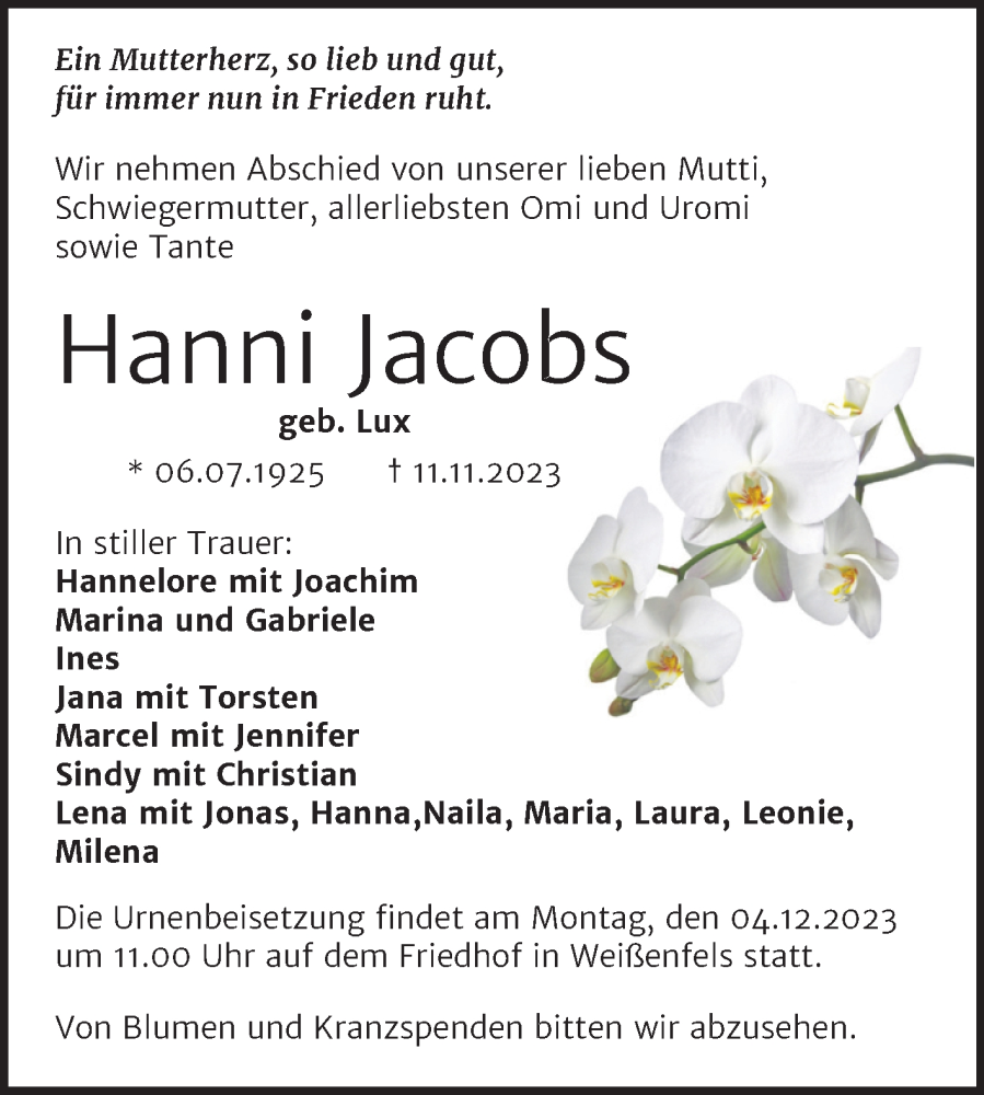  Traueranzeige für Hanni Jacobs vom 25.11.2023 aus Trauerkombi Weißenfels