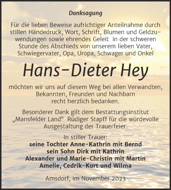 Traueranzeige von Hans-Dieter Hey von Trauerkombi Mansfelder Land