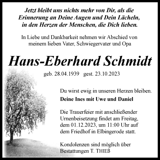Traueranzeige von Hans-Eberhard Schmidt von Volksstimme Wernigerode