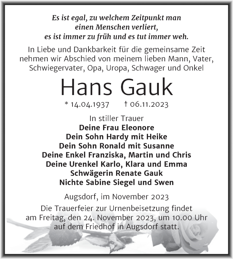  Traueranzeige für Hans Gauk vom 11.11.2023 aus Trauerkombi Mansfelder Land