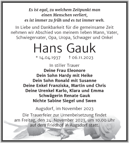 Traueranzeige von Hans Gauk von Trauerkombi Mansfelder Land
