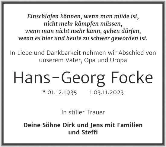 Traueranzeige von Hans-Georg Focke von Trauerkombi Dessau