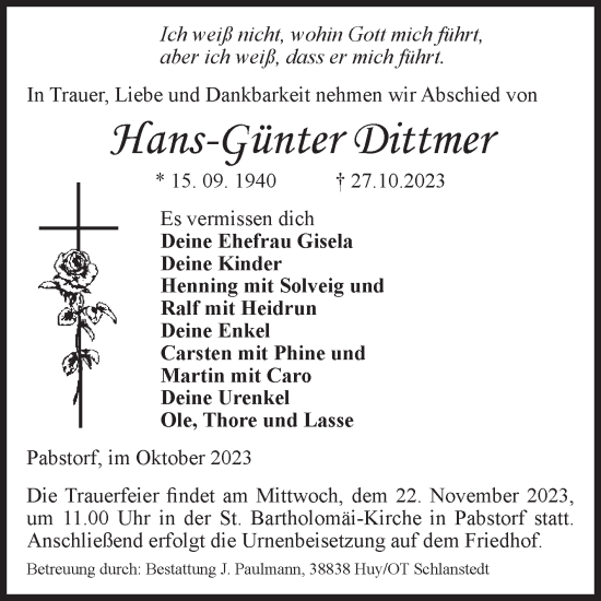 Traueranzeige von Hans-Günter Dittmer von Volksstimme Halberstadt