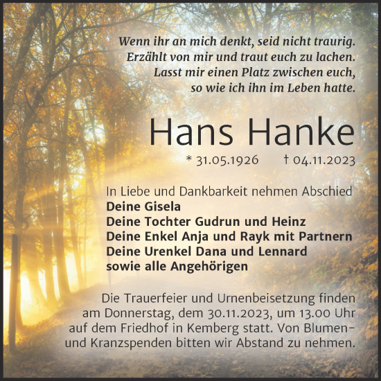 Traueranzeige von Hans Hanke von Trauerkombi Wittenberg