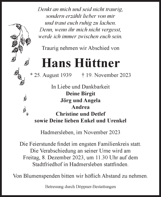 Traueranzeige von Hans Hüttner von Volksstimme Oschersleben/Wanzleben