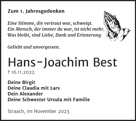 Traueranzeige von Hans-Joachim Best von Trauerkombi Wittenberg