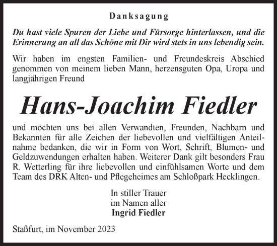 Traueranzeige von Hans-Joachim Fiedler von Volksstimme Staßfurt