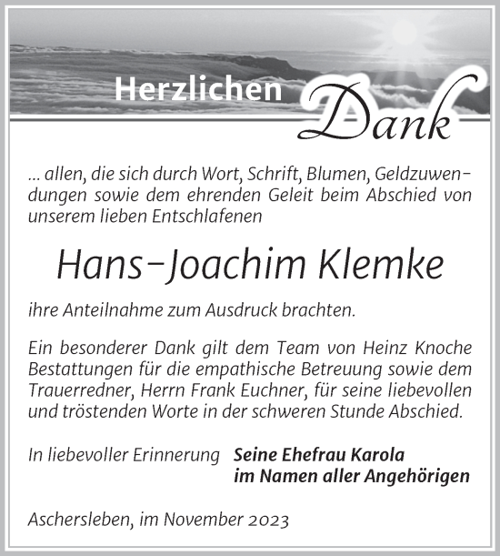 Traueranzeige von Hans-Joachim Klemke von Trauerkombi Aschersleben