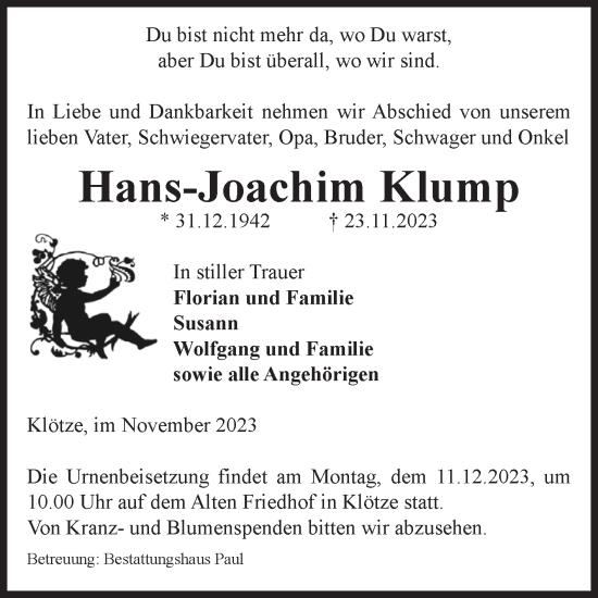 Traueranzeige von Hans-Joachim Klump von Volksstimme Altmark West