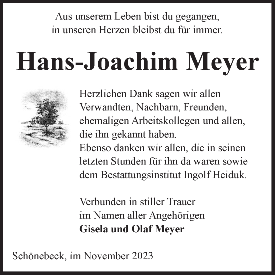 Traueranzeige von Hans-Joachim Meyer von Volksstimme Schönebeck