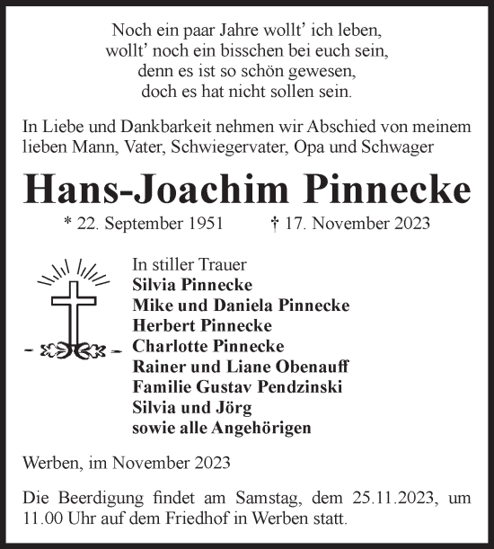 Traueranzeige von Hans-Joachim Pinnecke von Volksstimme Altmark Ost