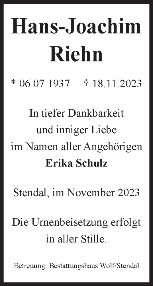 Traueranzeige von Hans-Joachim Riehn von Volksstimme Altmark Ost