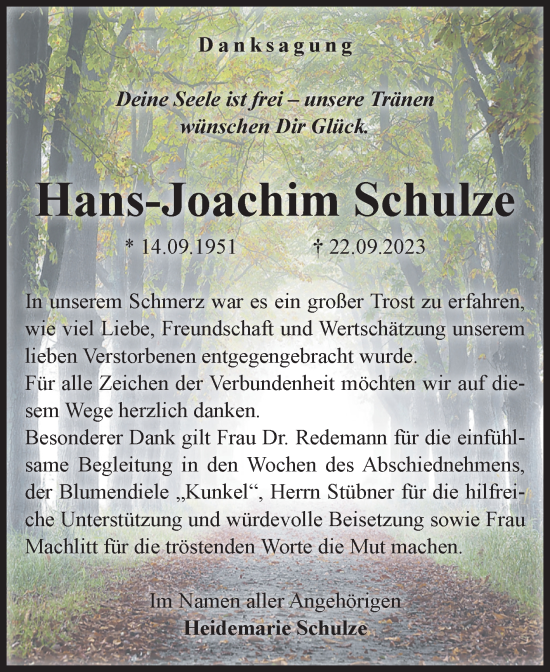 Traueranzeige von Hans-Joachim Schulze von Volksstimme Haldensleben/Wolmirstedt