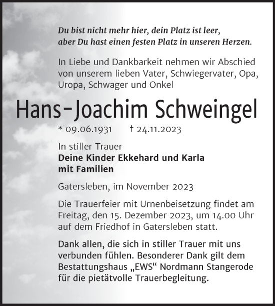 Traueranzeige von Hans-Joachim Schweingel von Trauerkombi Aschersleben