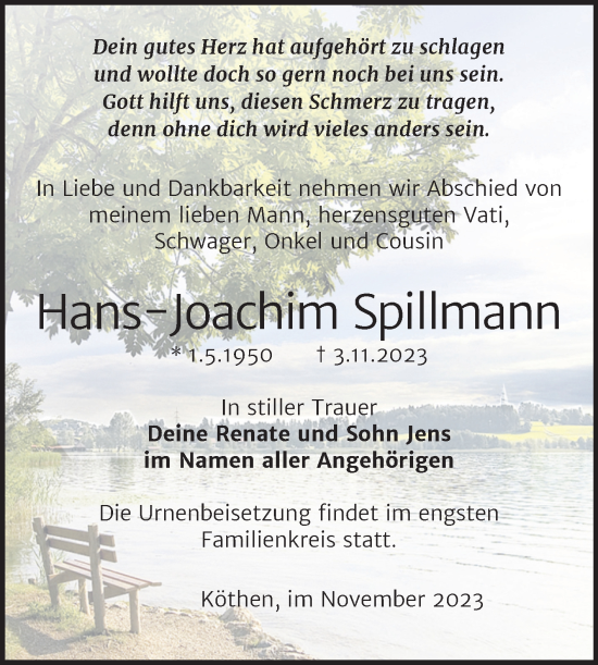Traueranzeige von Hans-Joachim Spillmann von Trauerkombi Köthen